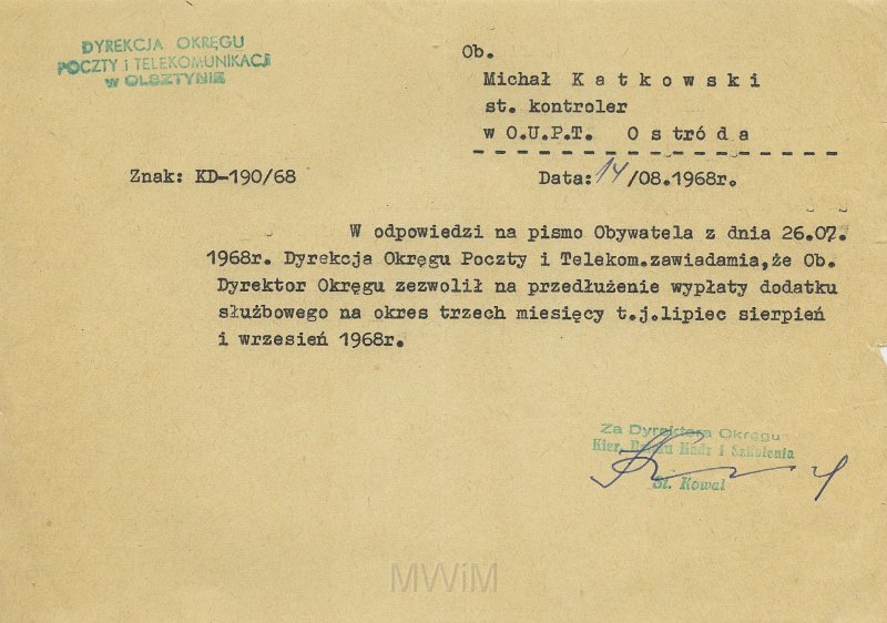 KKE 5564.jpg - Dok. Pismo z Dyrekcji Okręgu Poczt i Telekomunikacji do Michała Katkowskiego dotyczące przedłużeniu czasu wypłaty uposażenia, Ostróda, 14 VIII 1968 r.